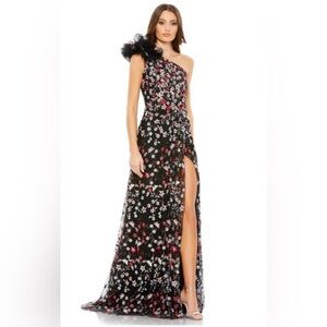 EMBELLISHED RUFFLED ONE SHOULDER A LINE GOWN - Color Black Multi NWT sz 2